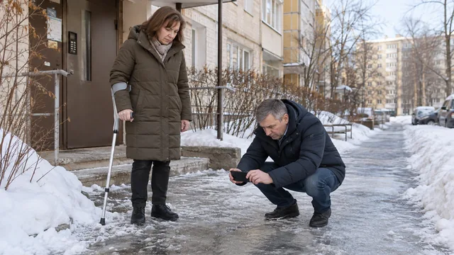 Женщина с тростью и сопровождающий фиксируют гололёд у входа в дом