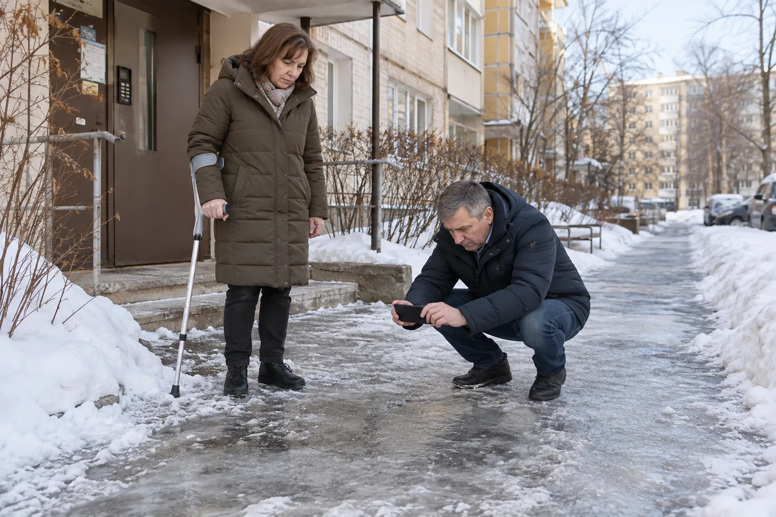 Женщина с тростью и сопровождающий фиксируют гололёд у входа в дом