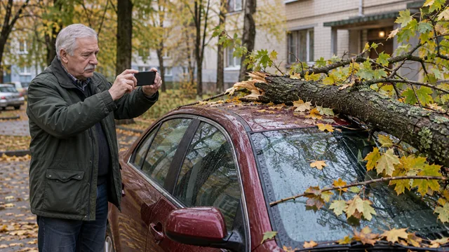 Автовладелец фотографирует повреждения машины упавшей веткой