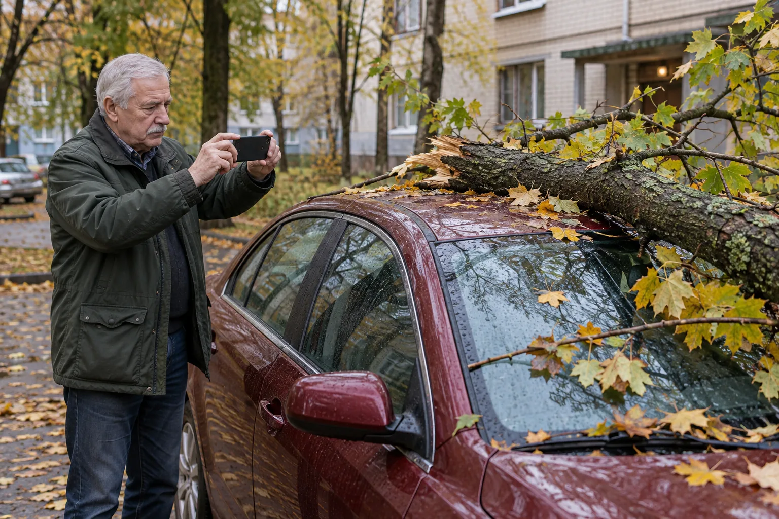 Автовладелец фотографирует повреждения машины упавшей веткой