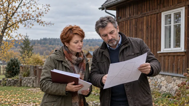 Наследница и юрист проверяют документы на имущество у загородного дома