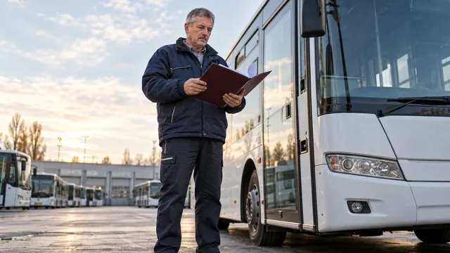 Водитель в автобусном парке проверяет папку с документами о стаже