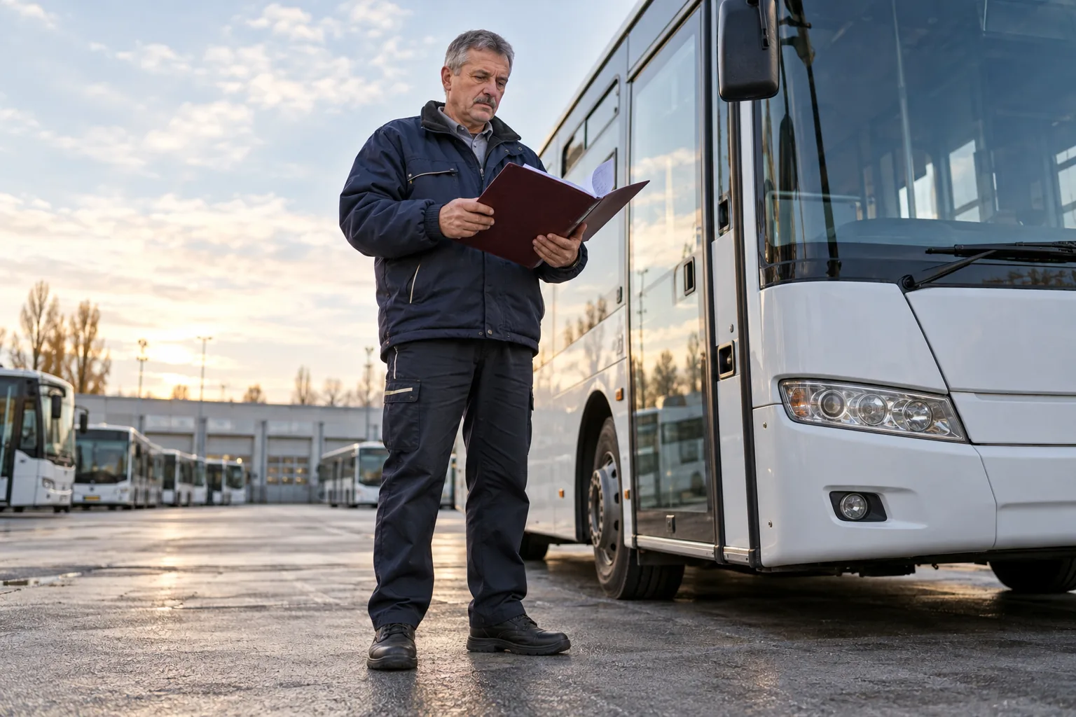 Водитель в автобусном парке проверяет папку с документами о стаже