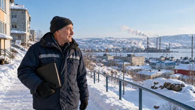 Пенсионер с папкой документов в северном посёлке