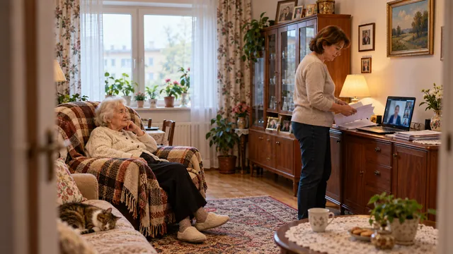 Пожилая женщина и дочь готовят документы для дистанционной консультации дома