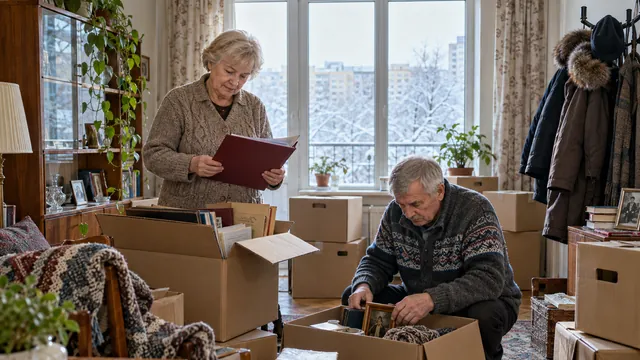 Пенсионеры разбирают документы дома среди коробок после переезда