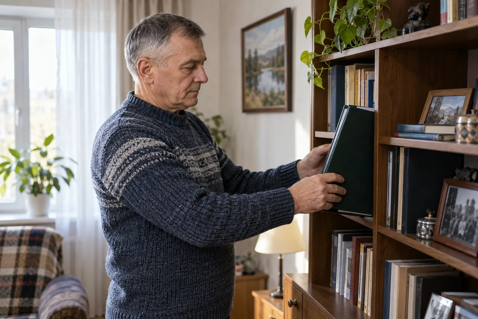 Мужчина достаёт дома документы о выслуге лет