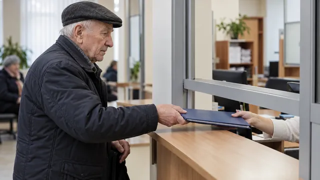 Пенсионер передаёт папку документов сотруднику приёмной